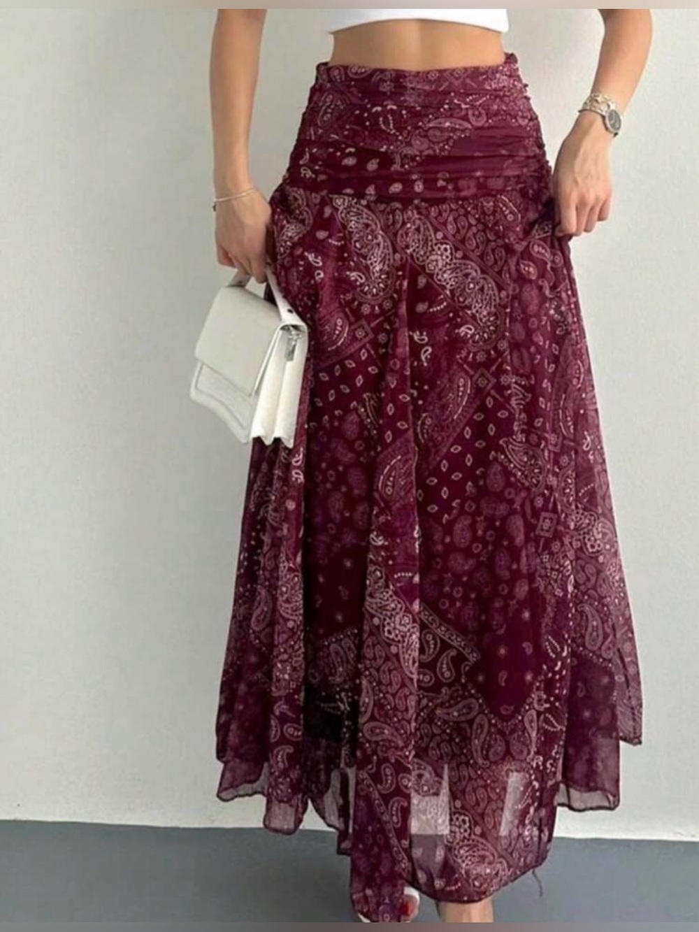 Bohemian-Style Printed Burgundy Midi Skirt